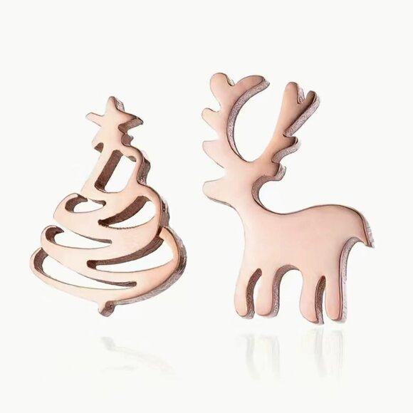 Tiny Reindeer and Christmas Tree Stainless Steel Stud Small Earrings #1144 - Picture 7 of 9